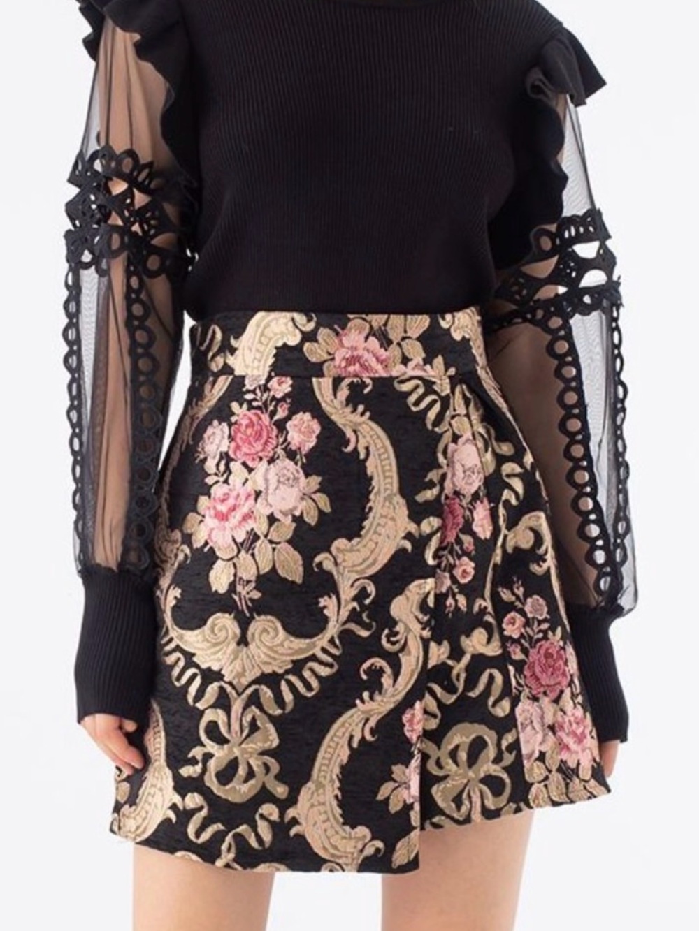 Floral Brocade Mini Skirt/Skort with Gold Scroll Accents - Black & Pink Size Med